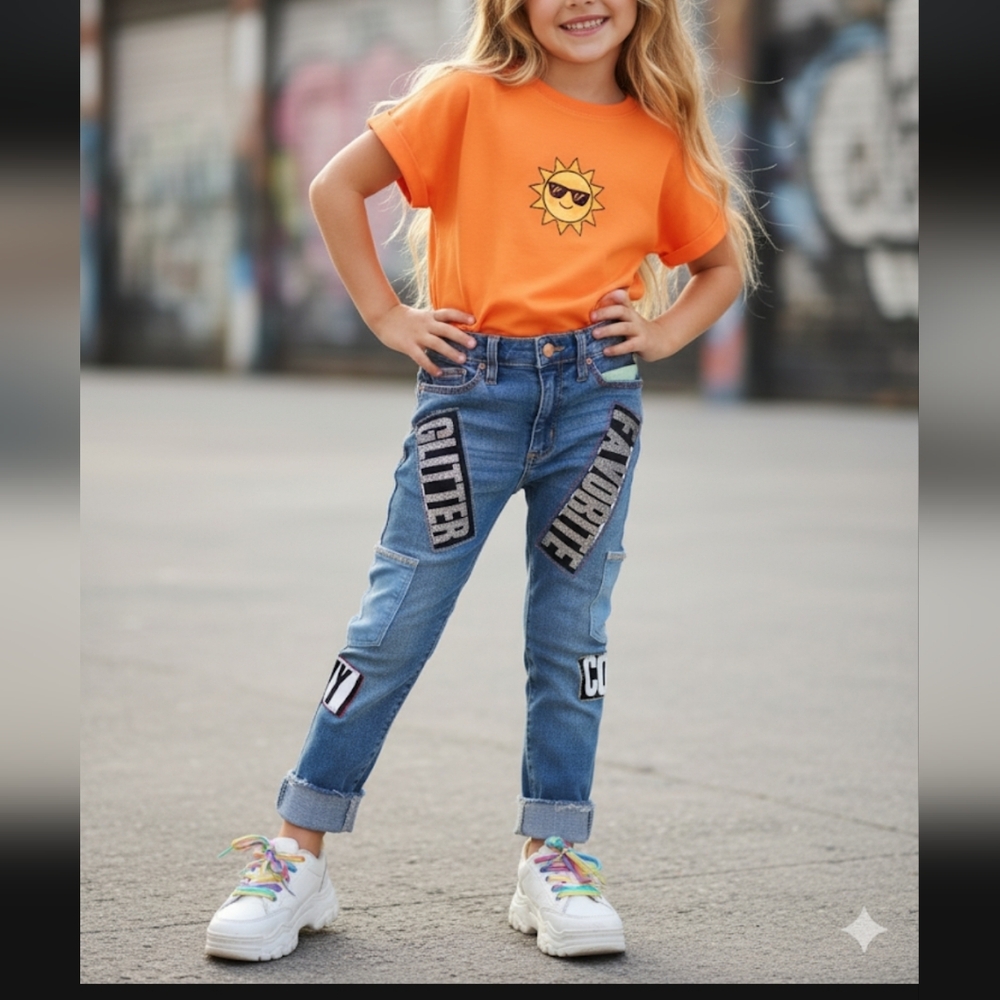Upcycled GIRLS  Blue Denim Jeans with Glitter Silver Gold Patches And Embroidery